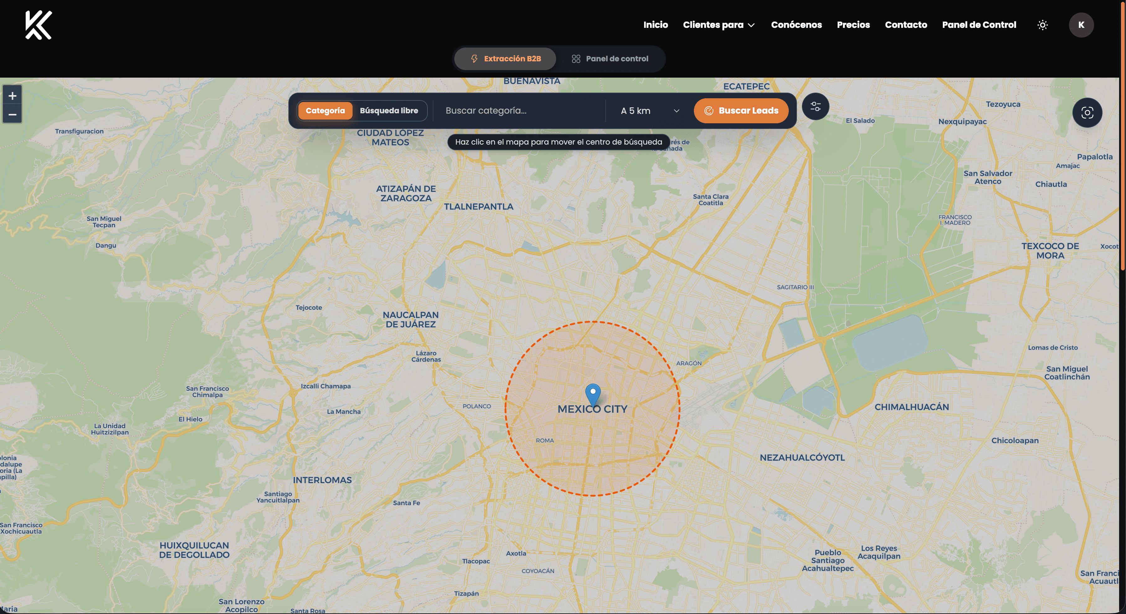 Captura del panel de KADESH para obtener clientes: búsqueda en mapa, filtros por categoría y radio, y prospección B2B en México