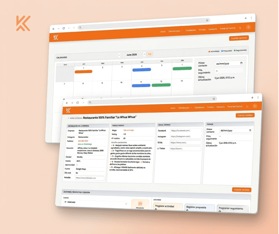 Ficha de lead con datos de Google Maps, redes sociales y seguimiento de ventas en KADESH